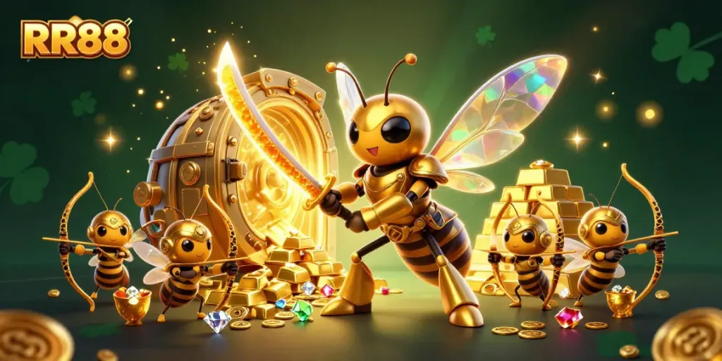 Engage with the exciting world of RR88 in this captivating 3D scene showcasing a golden hornet in samurai armor.