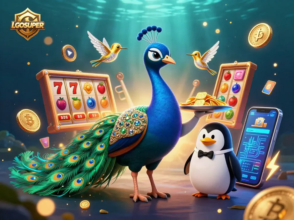 Play thrilling slot games with LGOSUPER, featuring a peacock, butler, and coins in an enchanting 3D scene.
