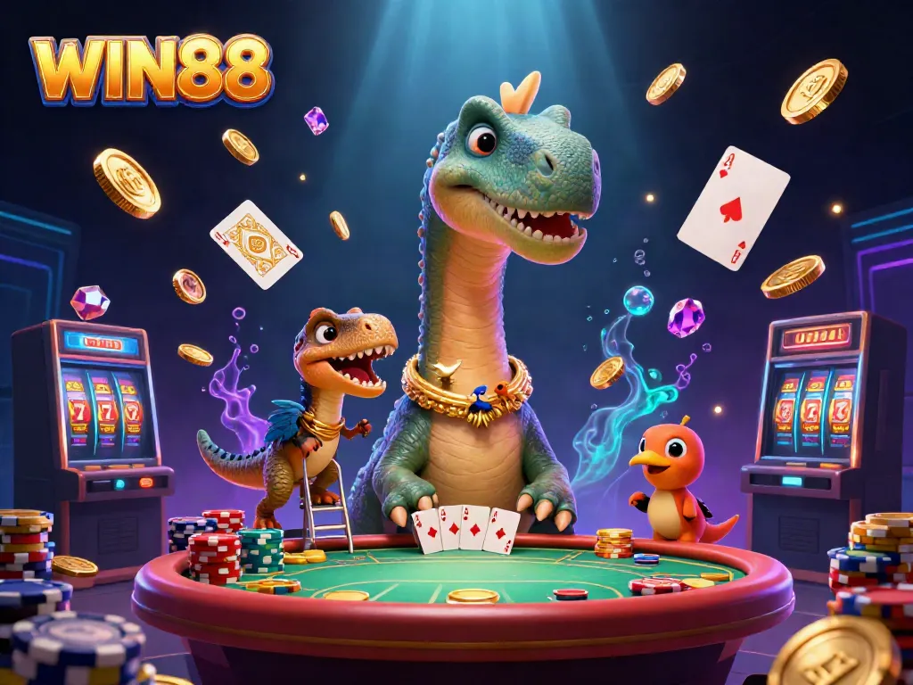 Experience WIN88 excitement with animated casino elements featuring vibrant characters and rich game action.