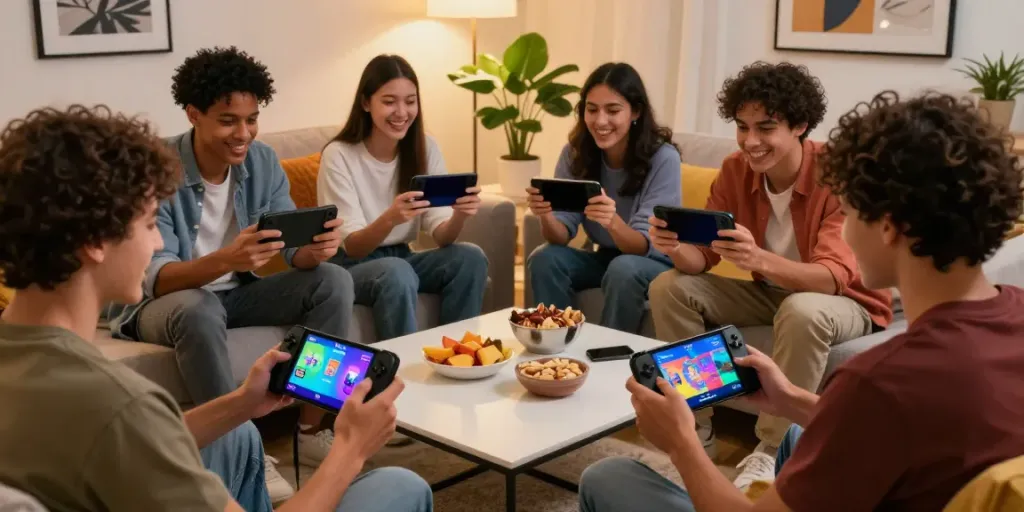 Friends enjoying Yono Arcade on their smartphones in a cozy living room.