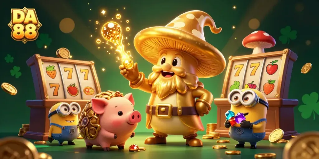 Experience the magic of DA 88 with a whimsical casino scene showcasing a golden wizard, truffle pig, and treasure as they spin slot reels and luck.