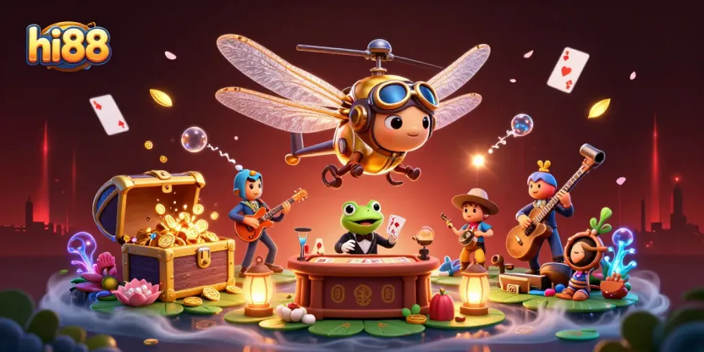 Win big at hi88 with lively casino elements depicted in a vibrant 3D illustration.