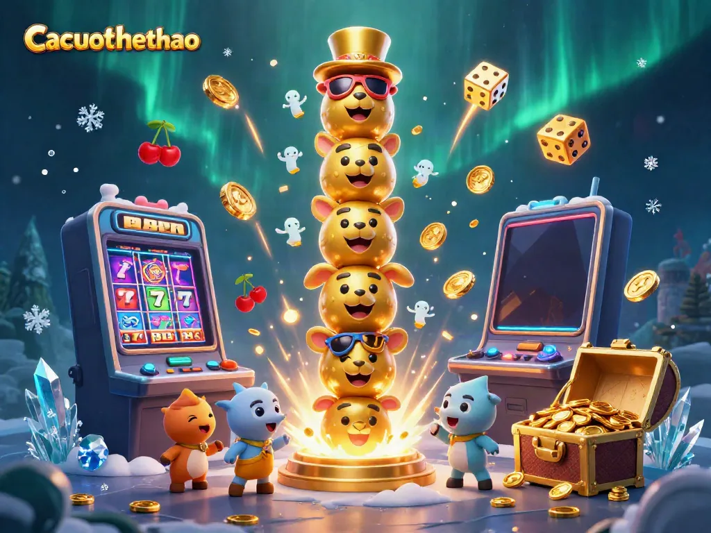 Cacuocthethao showcases an exciting 3D casino scene with vibrant symbols and characters celebrating a jackpot.