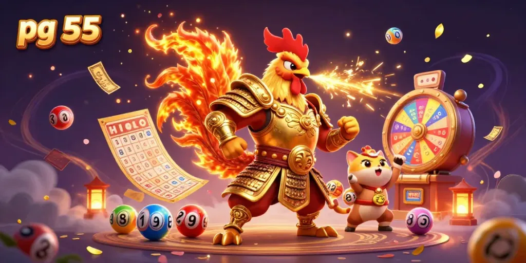 Experience thrilling gaming dynamics at pg 55 with a vibrant illustration of 3D characters, colorful game elements, and excitement.