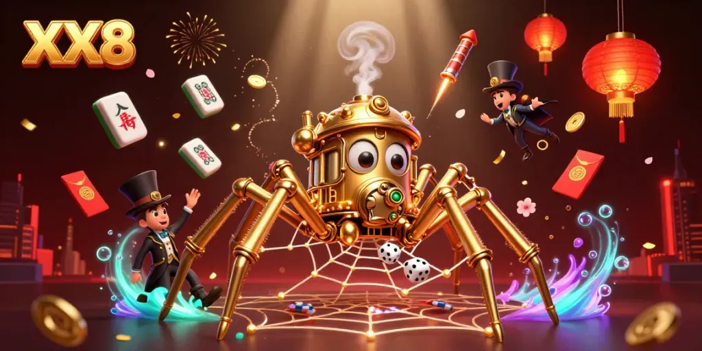 Experience the vibrant world of XX8 with a steampunk spider catching dice in a colorful casino scene.