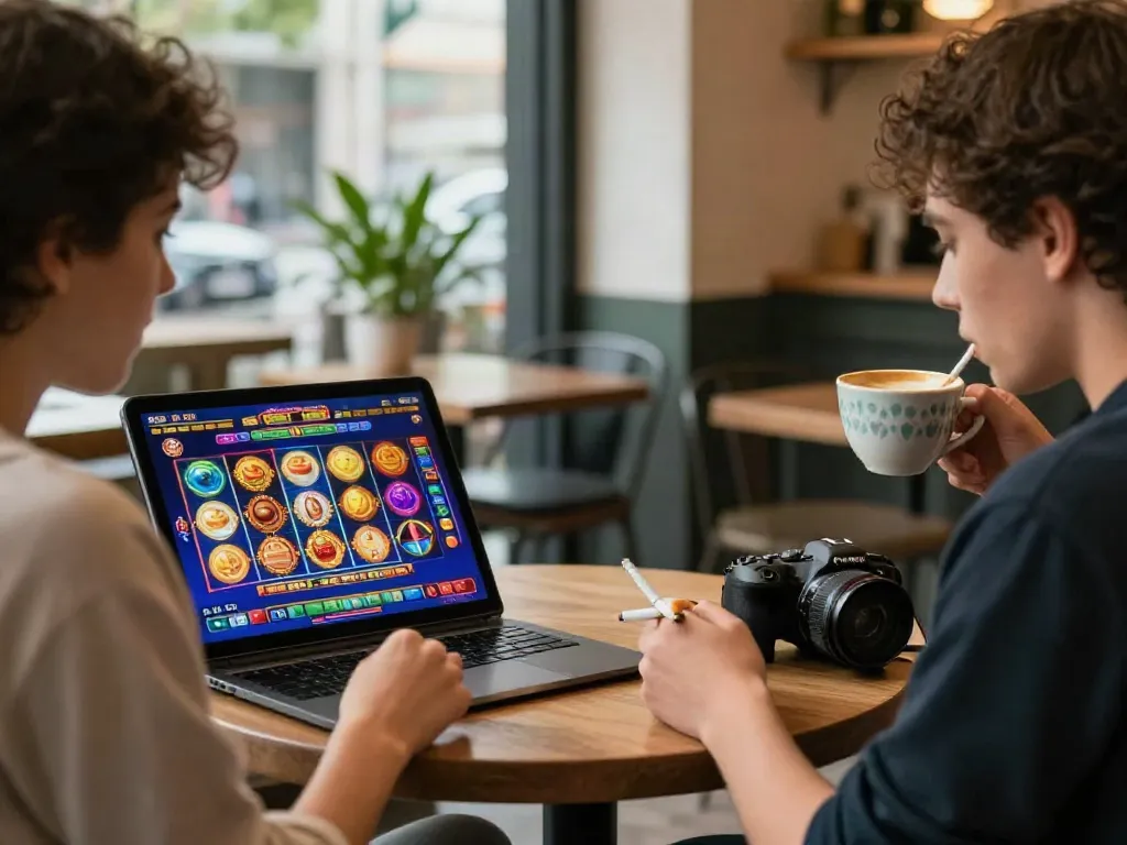 Luxury12 gaming experience at a café with vibrant slot game displays on a smartphone