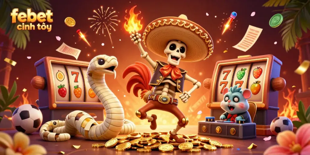 Experience the excitement of betting at febet chính thức with a vibrant casino-themed 3D illustration.