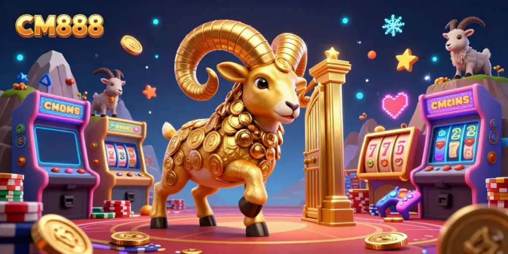 Experience the excitement of CM888 as the golden ram charges through a vibrant casino world filled with games.