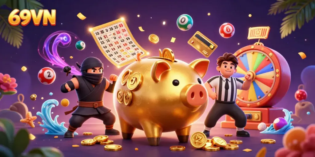 Experience exhilarating gaming with 69VN's interactive online casino characters in a dynamic 3D scene.