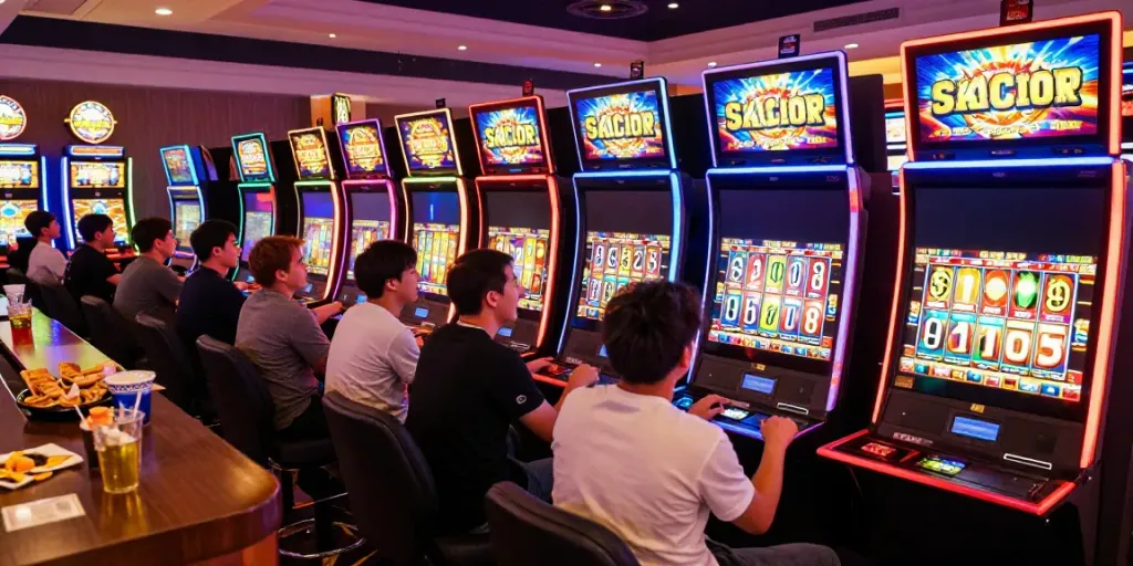 Excited players enjoying slot gacor machines with vibrant lights and sounds at a busy casino.