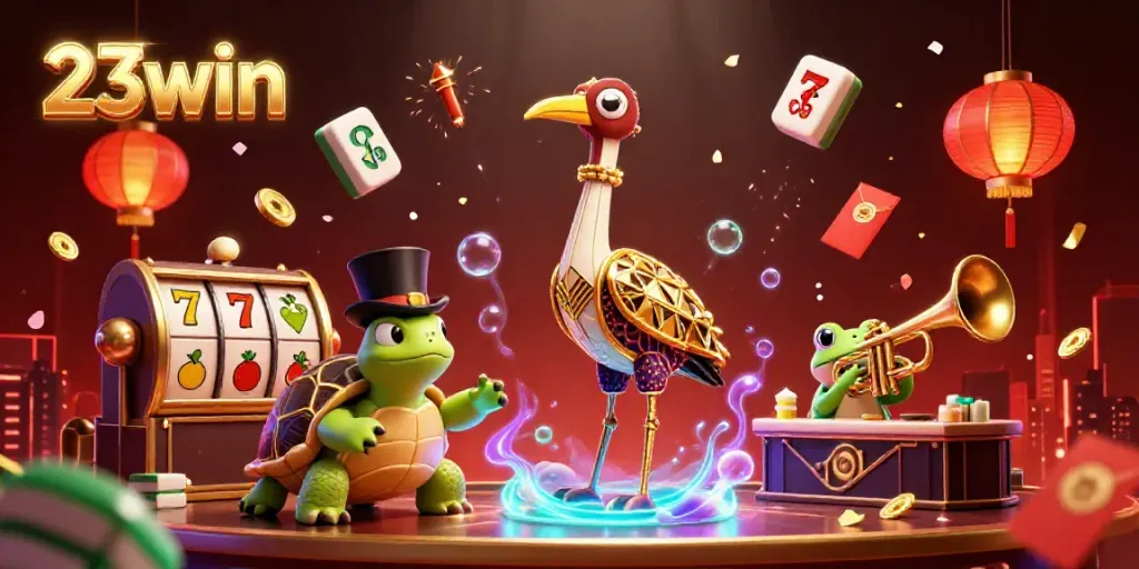 Experience the vibrant world of 23win, where a dancing crane and friends celebrate at a speakeasy.