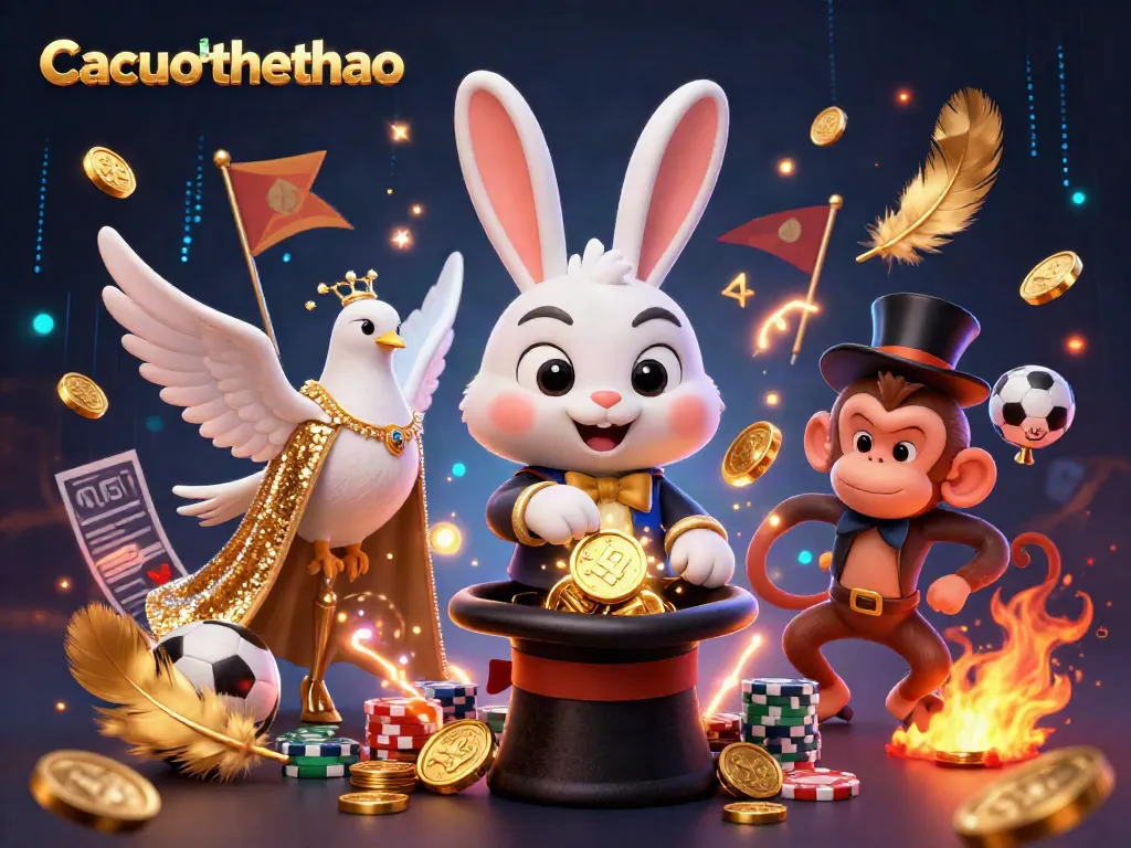 Cacuocthethao sports betting scene with cartoon magician rabbit, dove, and monkey surrounded by coins and sports elements.