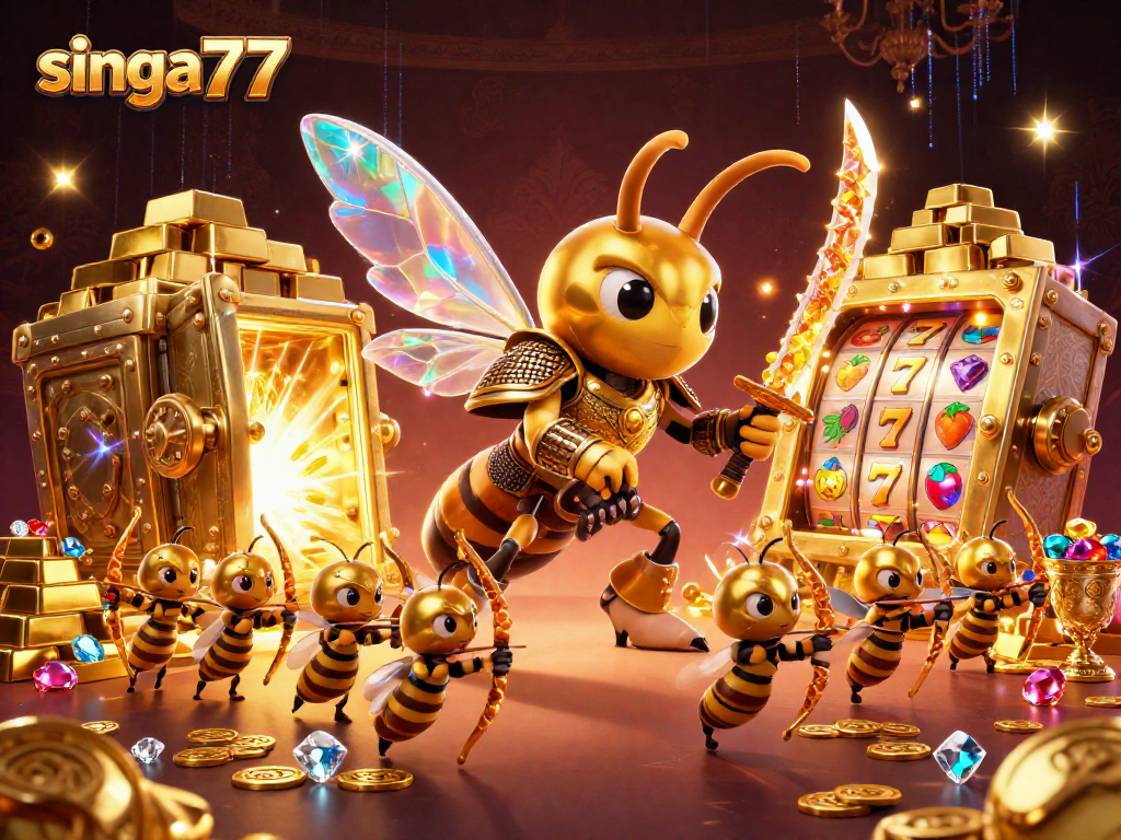 Experience the excitement of singa77 with a vibrant casino-themed illustration featuring a golden hornet and treasure.