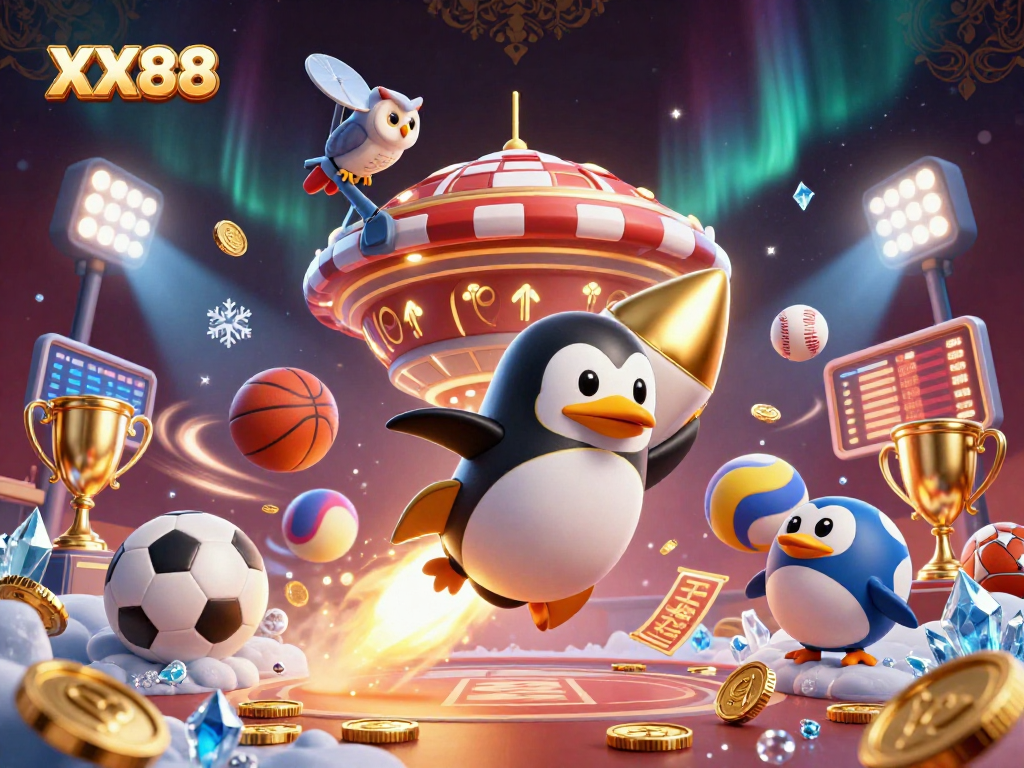 Experience thrilling gameplay at XX88 with a rocket-powered penguin and dynamic casino elements.