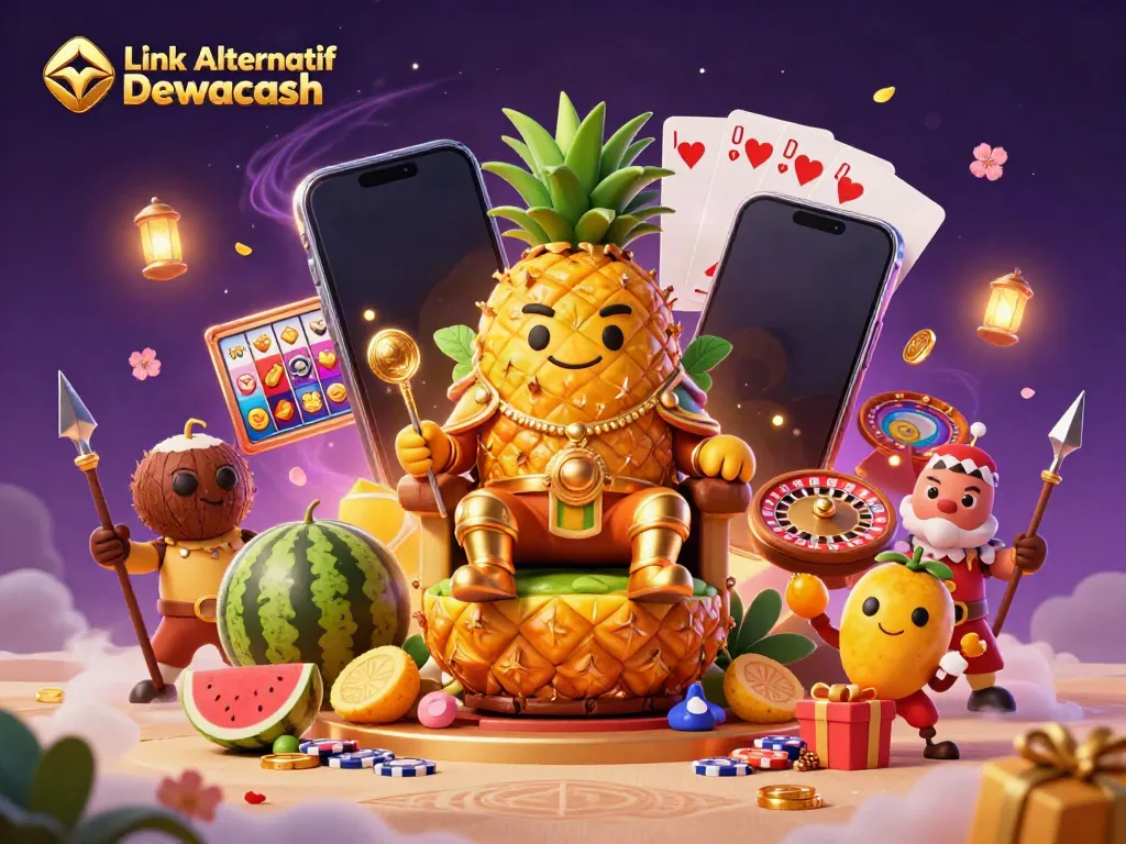 Engage with Link Alternatif Dewacash at an enchanting beach casino featuring a golden pineapple king, dynamic gaming elements, and vibrant atmosphere.