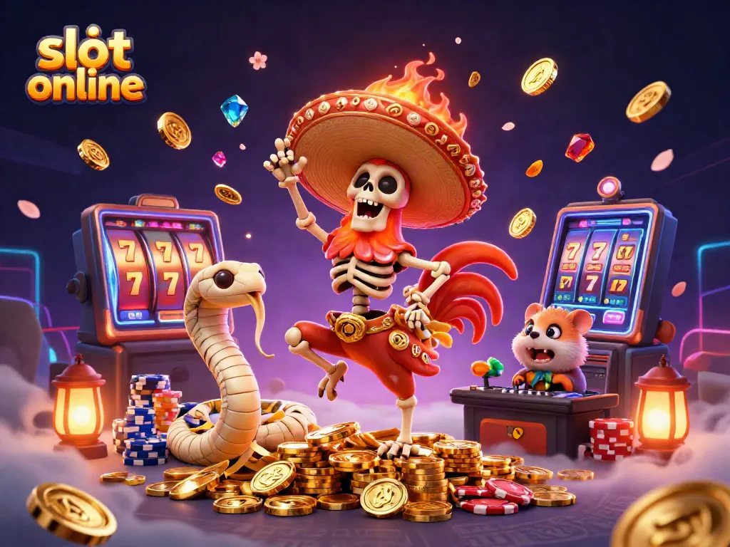 Slot online: gambar 3D kemeriahan permainan slot dengan simbol keberuntungan dan karakter menarik