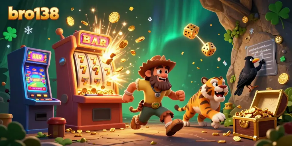 Experience the thrill of jackpots at bro138's cartoonish prehistoric casino with exciting slot machines and vibrant characters.