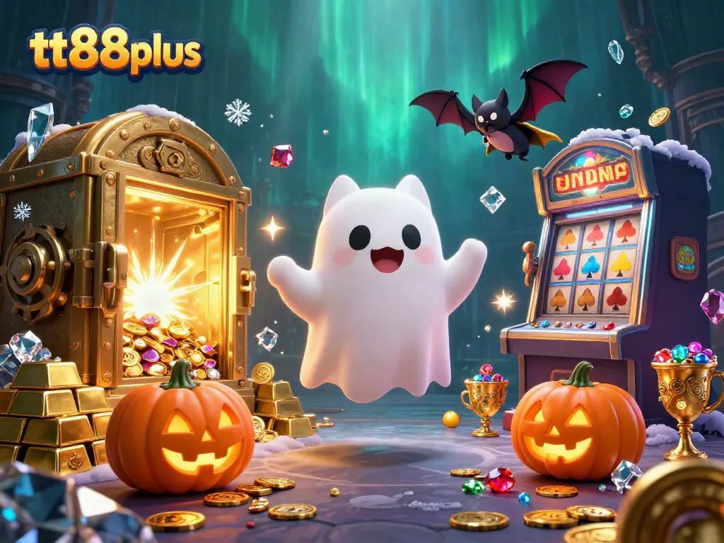 Play exciting games at tt88plus with a ghost cat and bat in a vibrant casino.