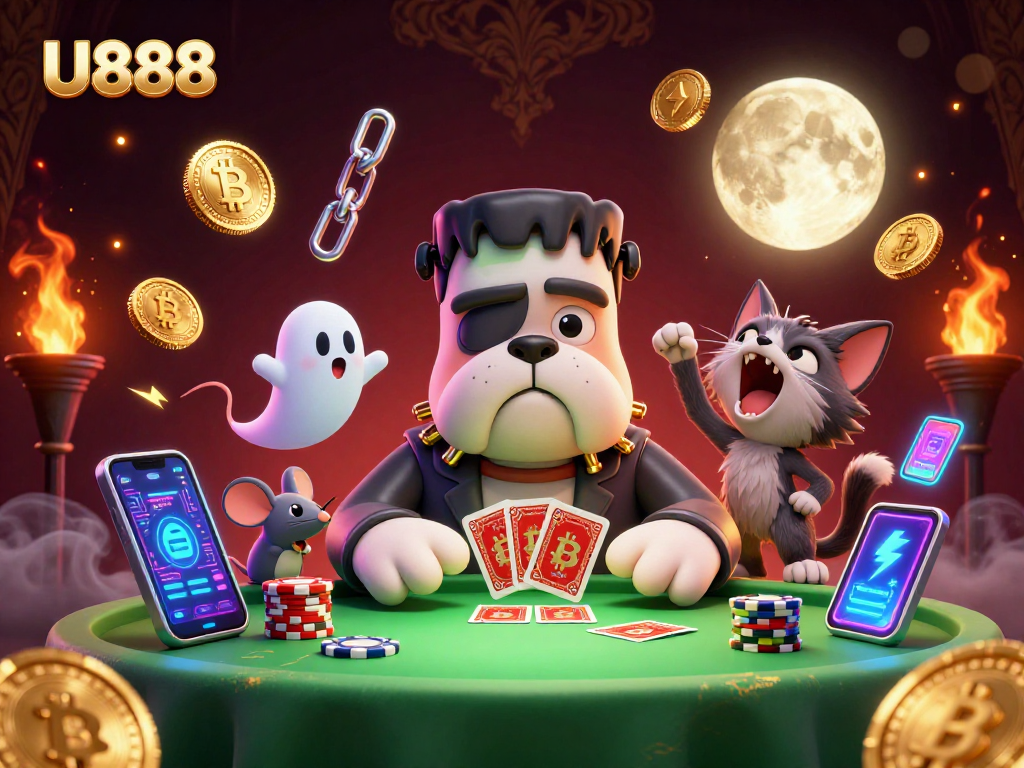 Engage with U888 at a lively casino scene featuring unique characters and dynamic gambling elements.