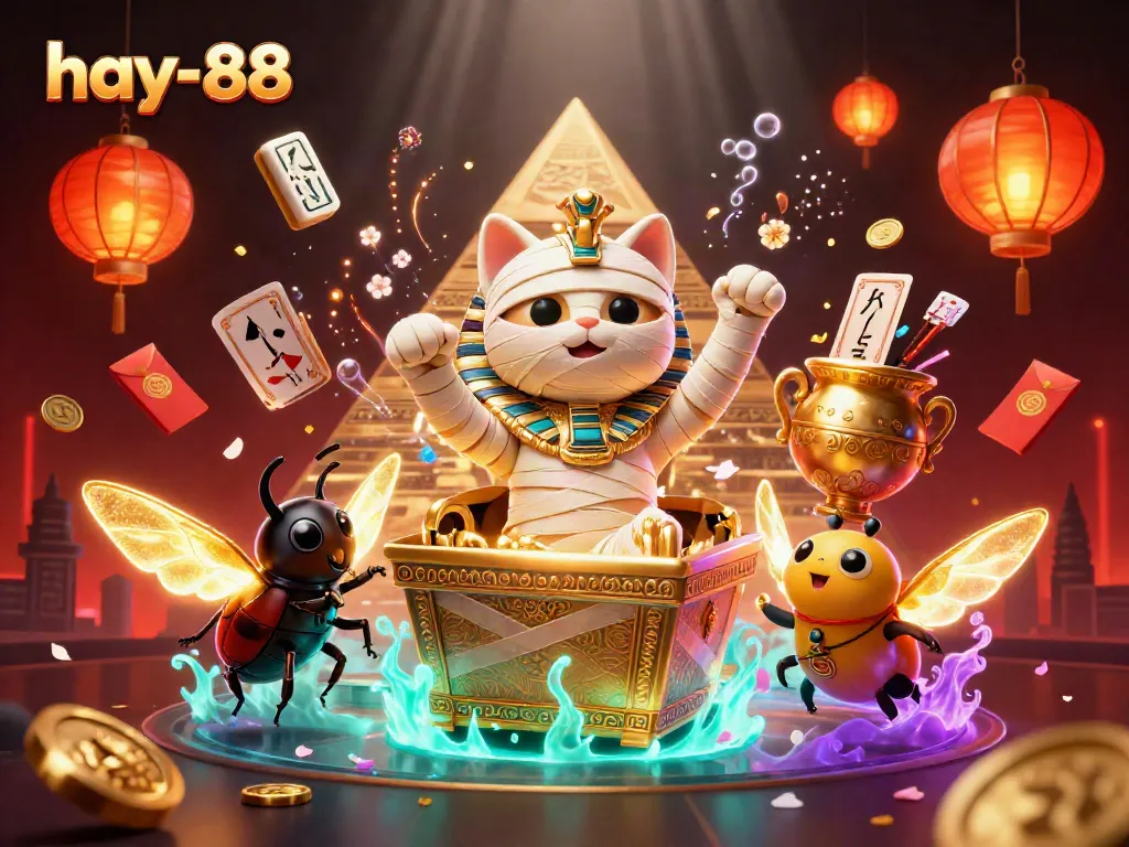 Experience fun at hay-88 as the Egyptian mummy cat bursts into a vibrant casino scene.