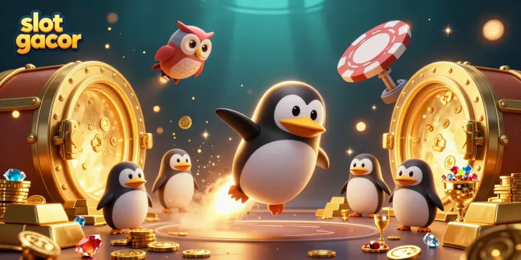 Menangkan slot gacor dengan simbol keberuntungan dan harta karun berkilauan dalam ilustrasi 3D menarik.