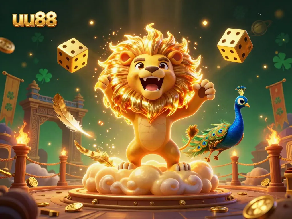 Experience the thrill of uu88 with vibrant casino elements and a roaring sun lion in a dynamic gaming environment.
