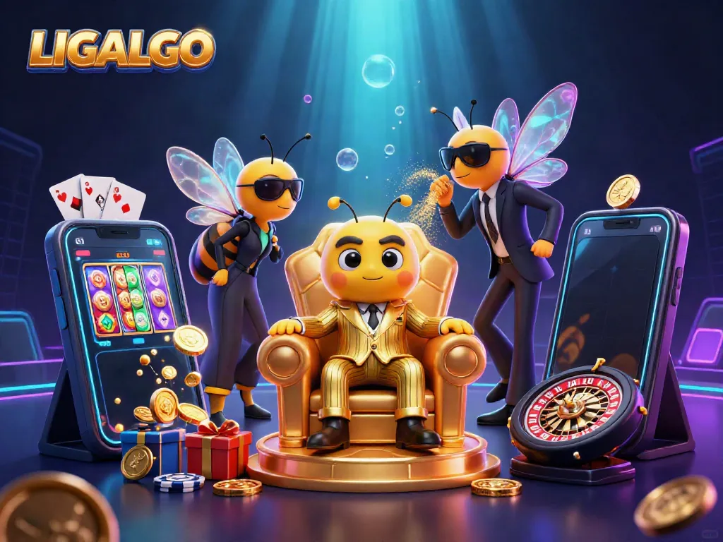 LIGALGO buzzes with excitement in a colorful casino scene featuring vibrant slot games and playful characters.
