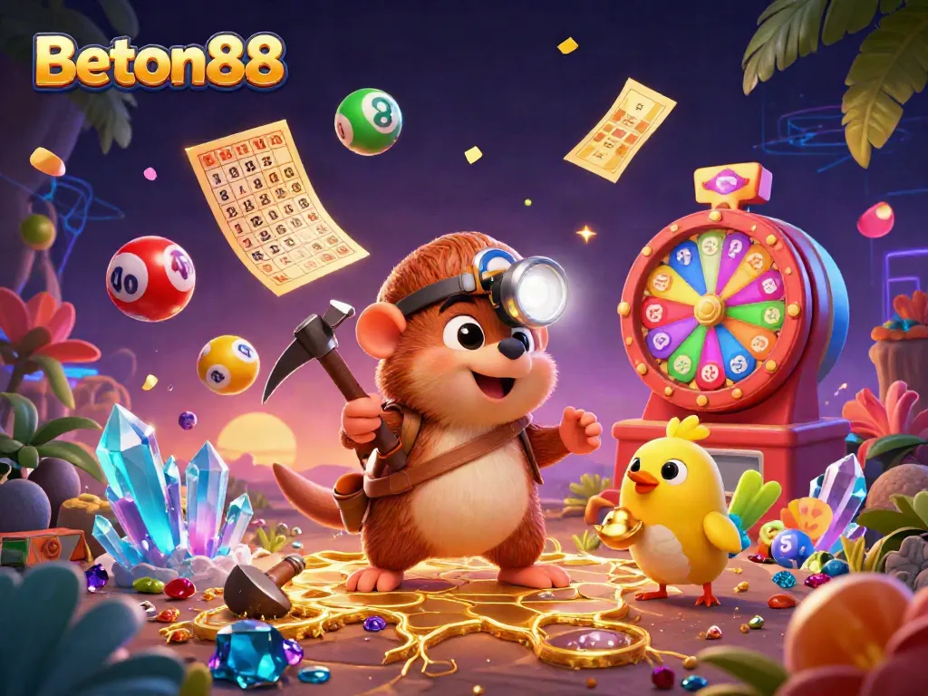 Permainan slot di Beton88 dengan karakter pemenang menggali harta di gua emas.