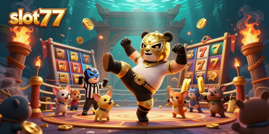 Experience the excitement of slot777 with a thrilling scene of a panda wrestler and animal spectators.