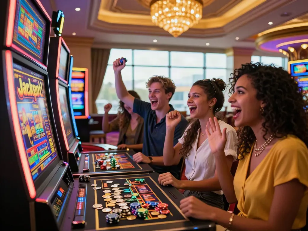 Friends celebrating a slot jackpot win with colorful coins and vibrant casino atmosphere.