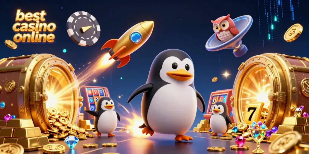 A golden penguin rocket soaring to a poker chip casino with treasure, highlighting the best casino online.