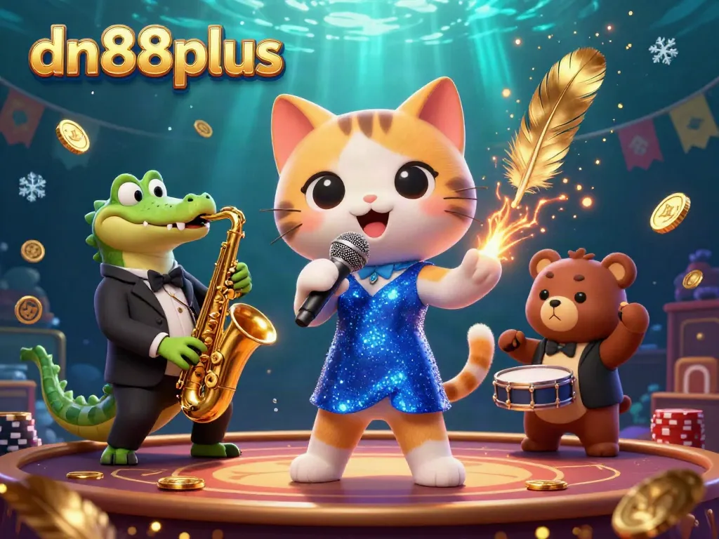Experience thrilling gaming at dn88plus with a vibrant 3D illustration showcasing cartoon characters performing at a glamorous casino stage.