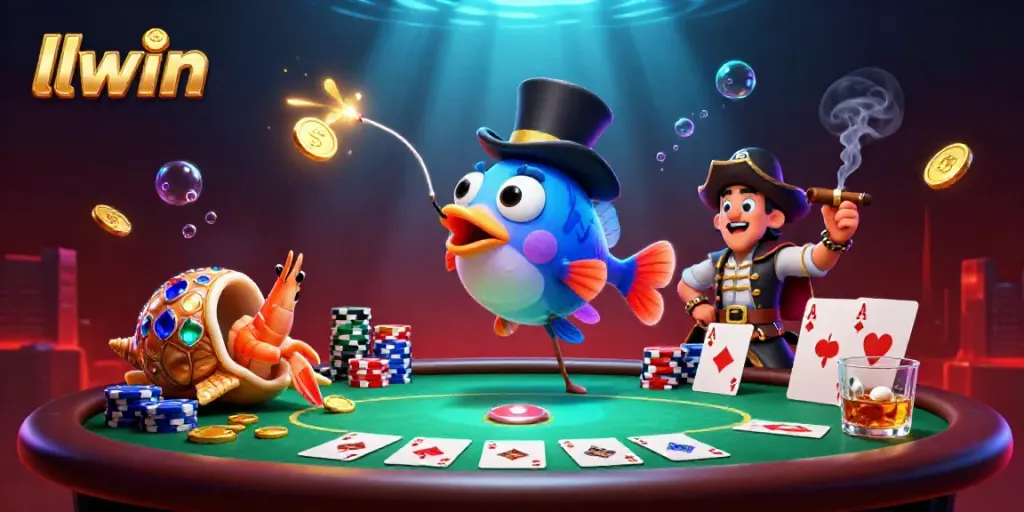 Experience thrills at llwin while deep-sea characters engage in poker action.