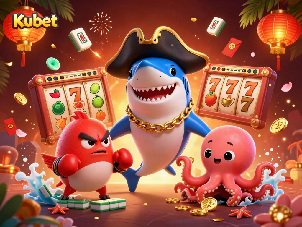 Kubet casino scene showcasing a playful shark, pufferfish, and octopus with slot reels and festive elements.