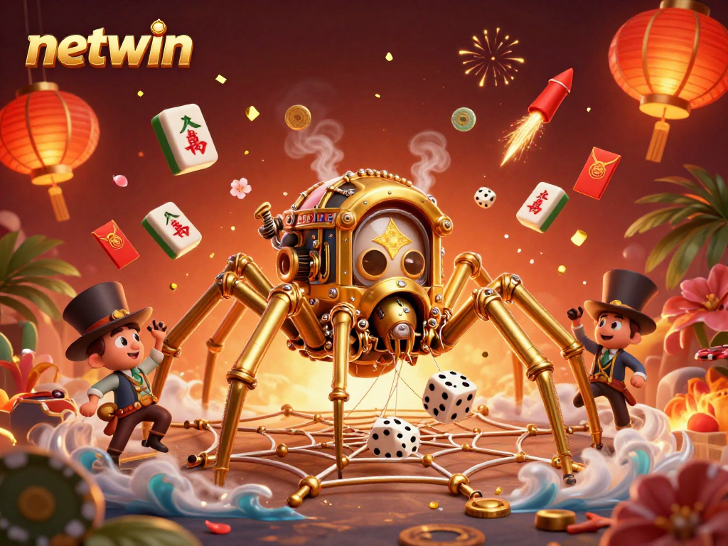 Engage with netwin's vibrant 3D scene of steampunk characters and festive gambling elements.