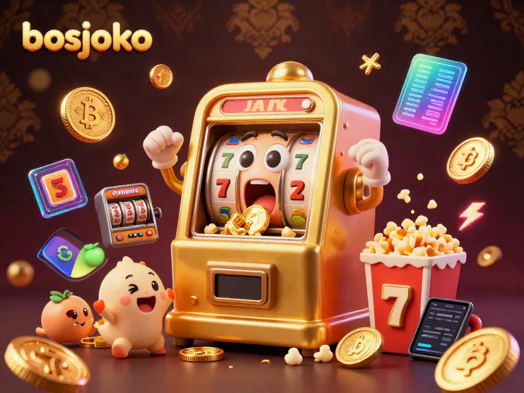 Witness the exciting jackpot moment at bosjoko with a cheerful golden slot machine celebrating, surrounded by lively game elements.