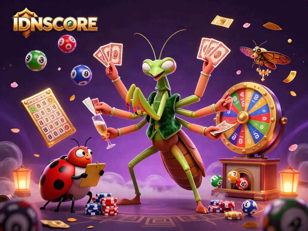 Watch the IDNSCORE dynamic scene as vibrant lottery elements burst around skilled card sharps.