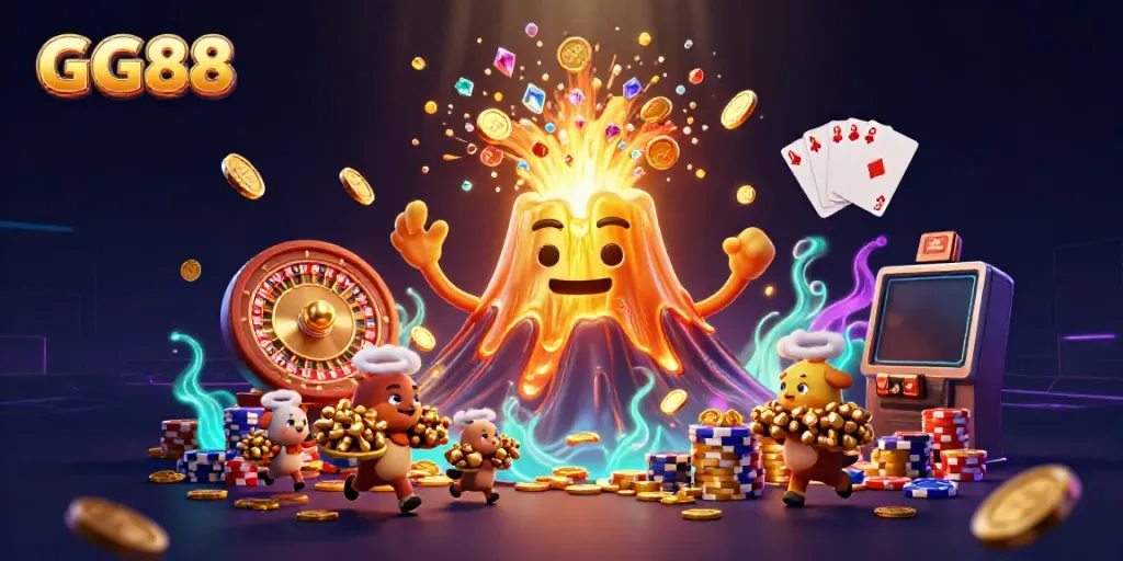 Experience the thrilling eruption of GG88’s golden volcano with treasures and vibrant casino elements.