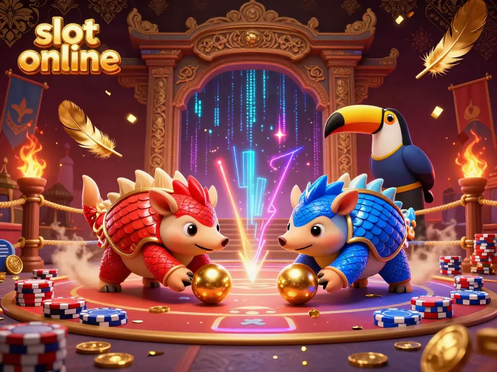 Engaging 3D comic scene of pangolins competing in a slot online game with colorful elements, showcasing vibrant gambling action.