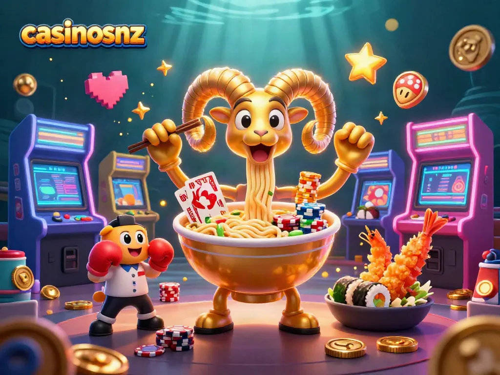 Engage in vibrant gameplay with casinosnz, featuring a golden ramen bowl and sushi dealers in action.