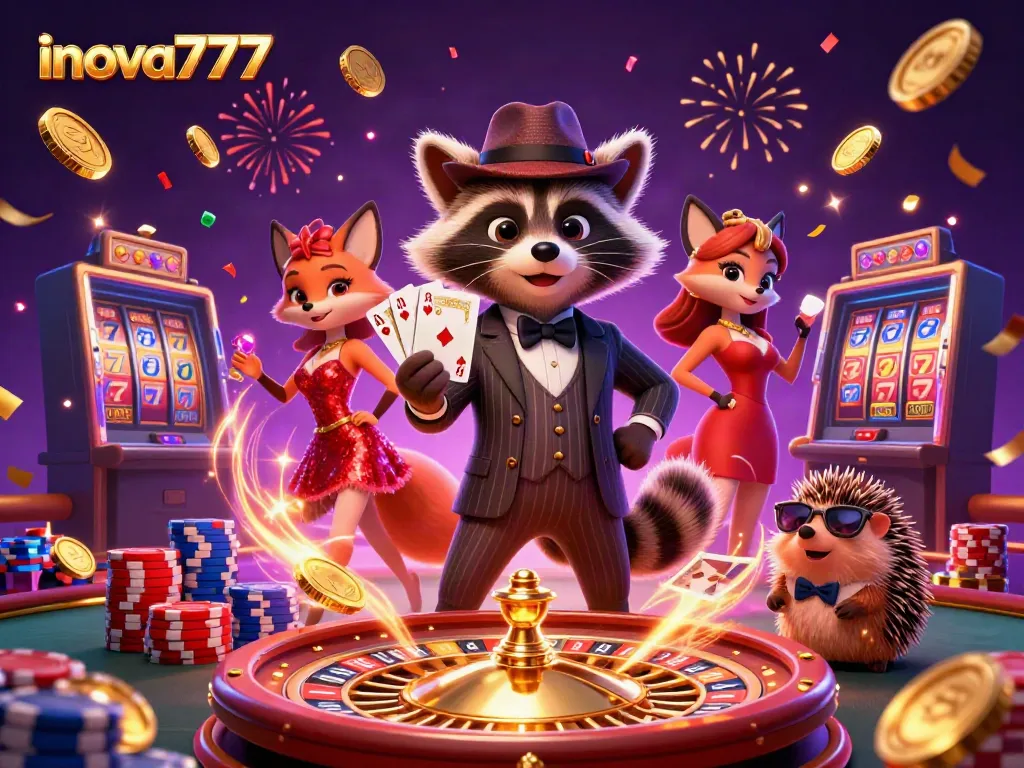 Experience inova777 excitement with a raccoon in a tux, a fox in sequins, and a hedgehog bouncer in a vibrant casino scene.