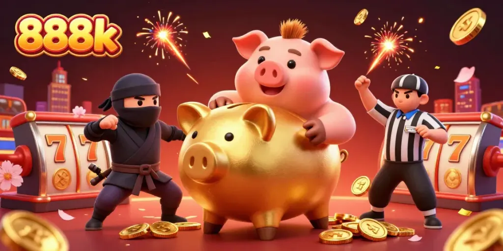 Experience excitement at 888k with a dynamic scene of a golden piggy bank sumo wrestler, slot reels, and festive firework elements.