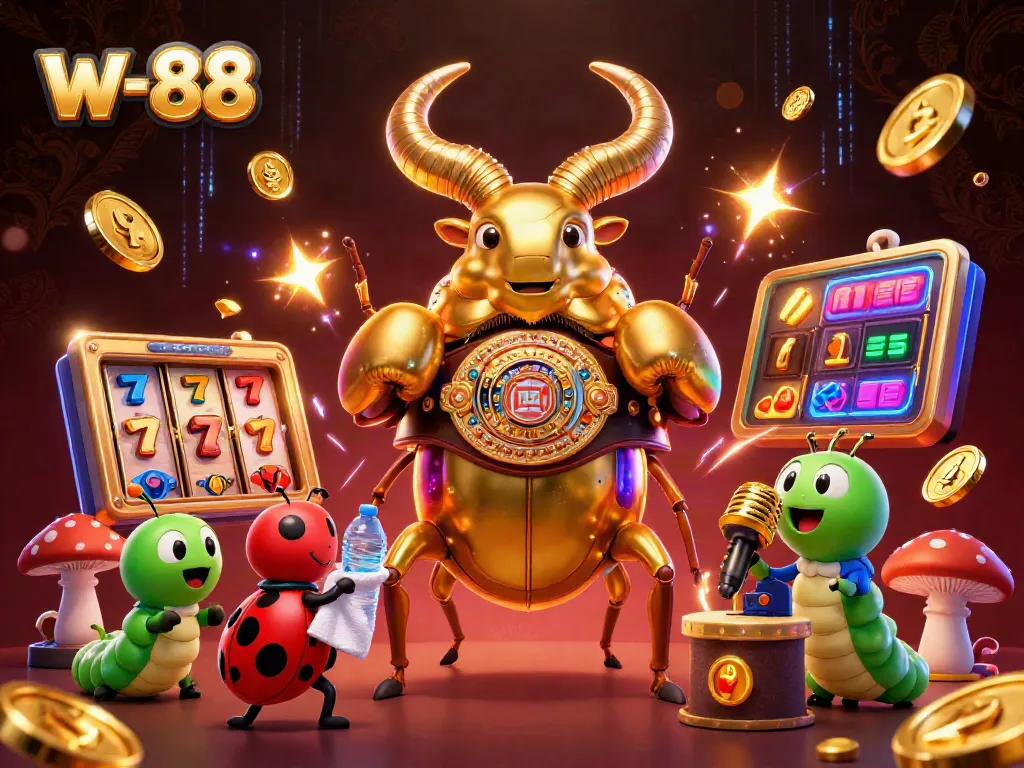 Experience exciting wins at w-88 with slot reels, golden characters, and vibrant casino elements.