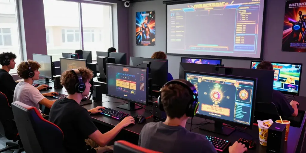 Engaged gamers enjoying slot games at YUMETOTO's vibrant digital lounge.