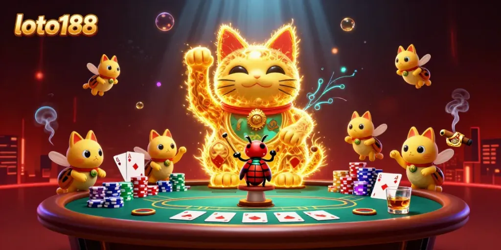 Engage in thrilling gameplay with loto188's dynamic casino elements and vibrant lucky cat illustration.