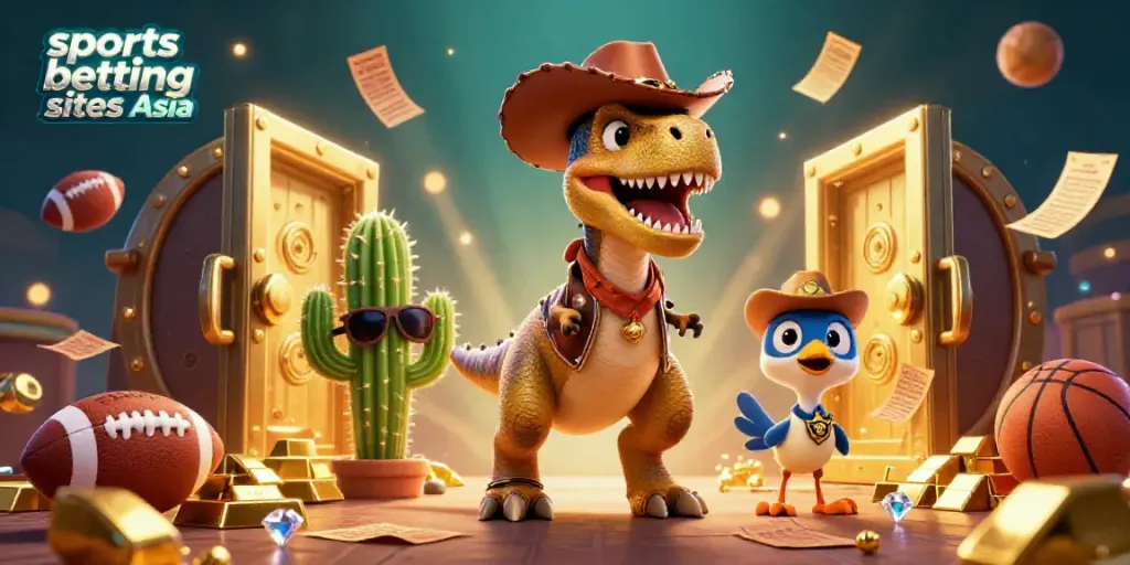 Engaging 3D illustration showcasing sports betting sites Asia with a T-Rex cowboy and dynamic betting elements.