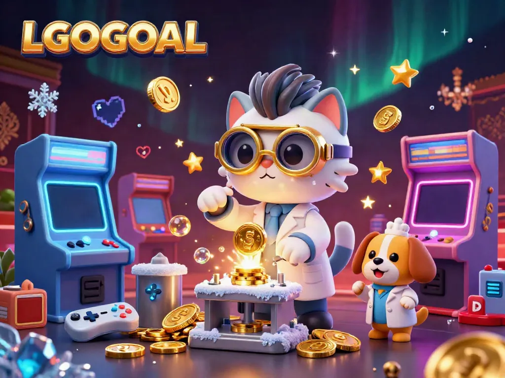 Experience thrilling gaming action with LGOGOAL featuring a mad scientist cat and assistant in a vibrant casino lab