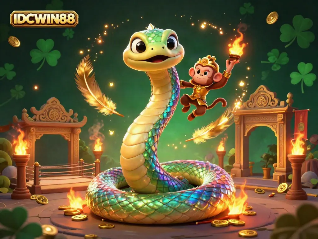Experience the thrilling games at IDCWIN88 with vibrant visuals of a colorful serpent and monkey king in an exciting casino scene.