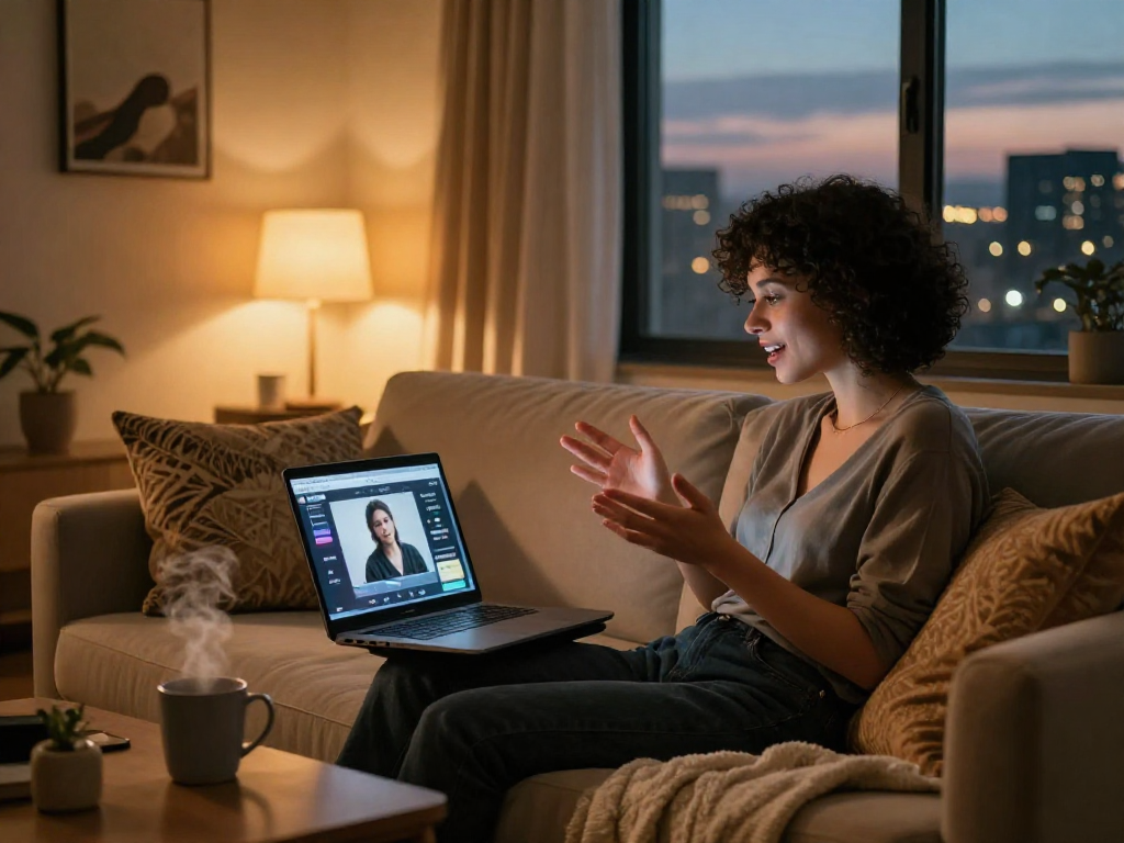 Engaging in AI chat porn on a cozy sofa with a sleek laptop, warm ambiance
