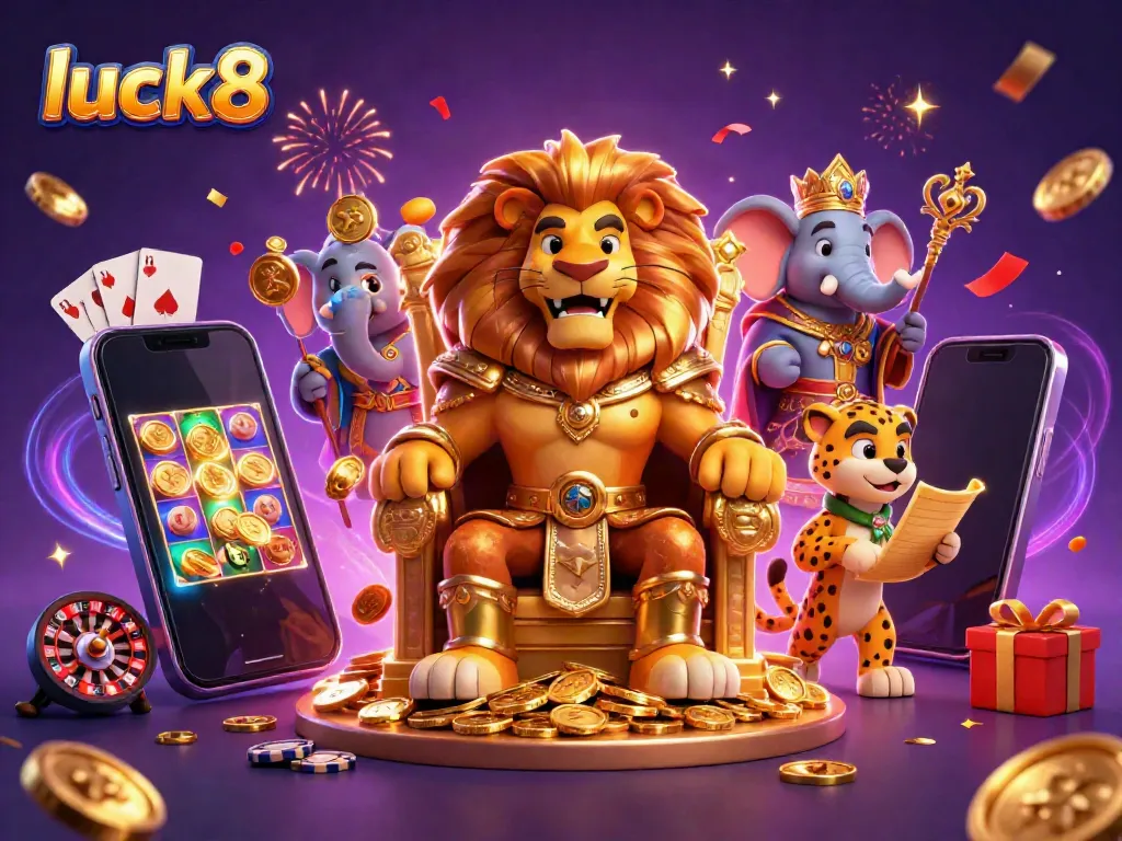 This vibrant illustration showcases luck8's thrilling gaming world, depicting royal characters amidst a dynamic casino scene.